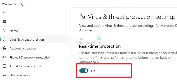 Deshabilitar la configuración de seguridad de Windows en tiempo real