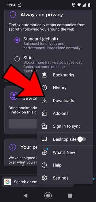 Seleccione Descargas en la configuración de Firefox.