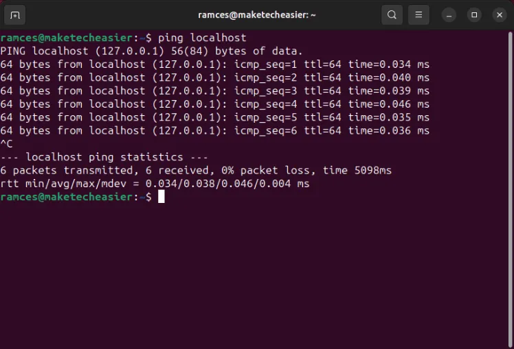 Um terminal mostrando um teste de loopback de host local.