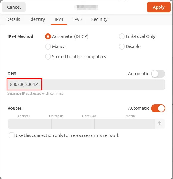 Uma captura de tela destacando os resolvedores DNS personalizados para a conexão Wi-Fi atual.