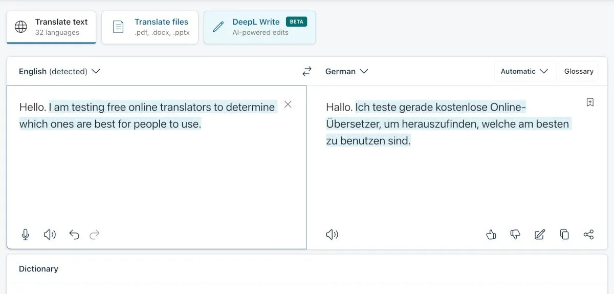 DeepL オンライン翻訳者を使用して英語をドイツ語に翻訳する