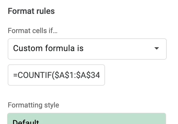Formuła reguł formatowania zduplikowanego formatowania warunkowego w Arkuszach Google