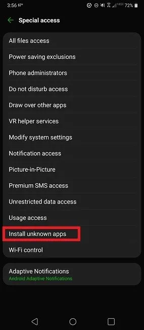 Ative Instalar aplicativos desconhecidos no Android.