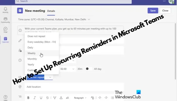 Configurar lembretes recorrentes no Microsoft Teams