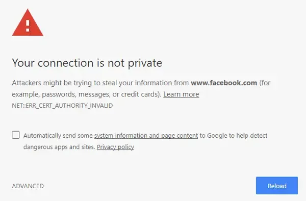 Witryny HTTPS nie otwierają się w przeglądarce Google Chrome, wyświetlają się komunikaty o błędzie prywatności