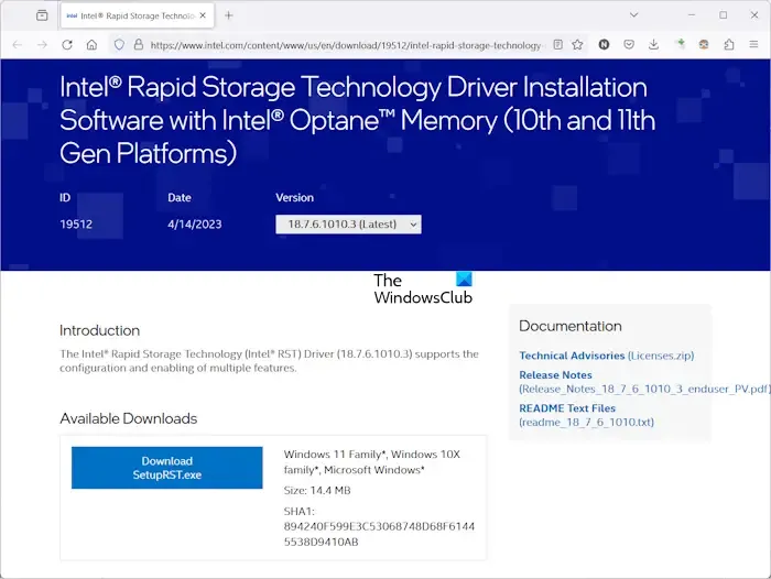 Installeer het Intel Rapid Storage Technology-stuurprogramma