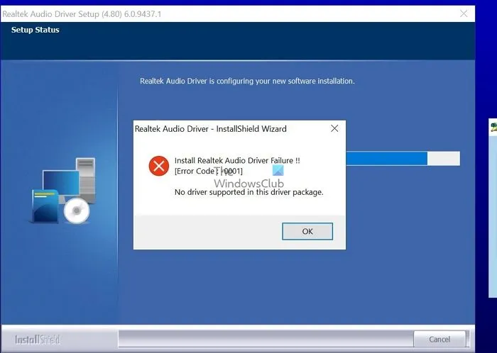 Código de erro de falha na instalação do driver de áudio Realtek Nenhum driver suportado neste pacote de driver