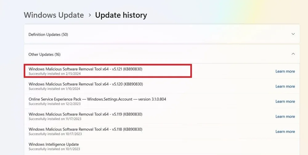 Februar 2024 Weitere Update-Verlauf für Windows 11.