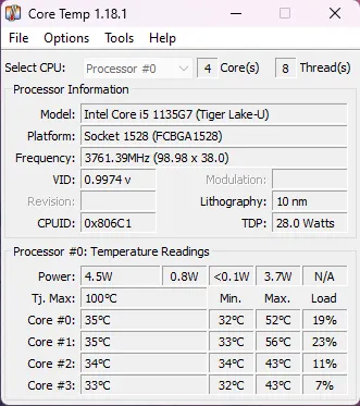 La aplicación Core Temp muestra el calentamiento de la computadora portátil.