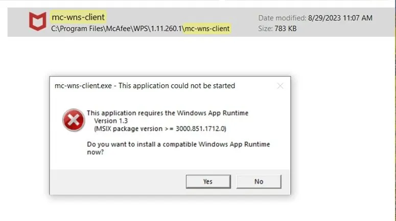 O McAfee Security requer o Windows App Runtime