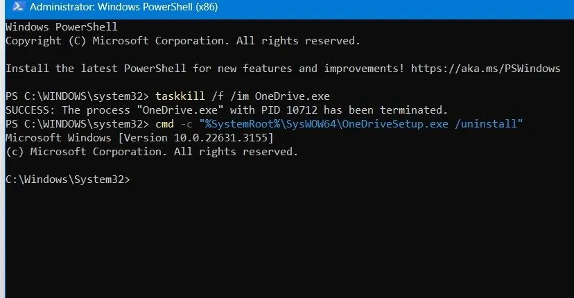 Comando Taskkill per disinstallare un'app dalla finestra di PowerShell.