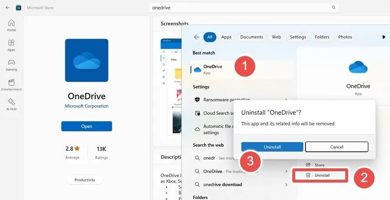 Schritte zur regulären Deinstallation von OneDrive direkt aus der Windows-Suche.