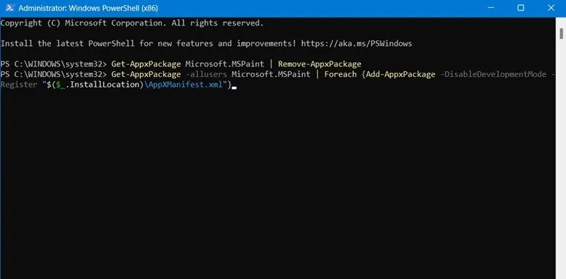Rimuovere e reinstallare i pacchetti Paint by in PowerShell.