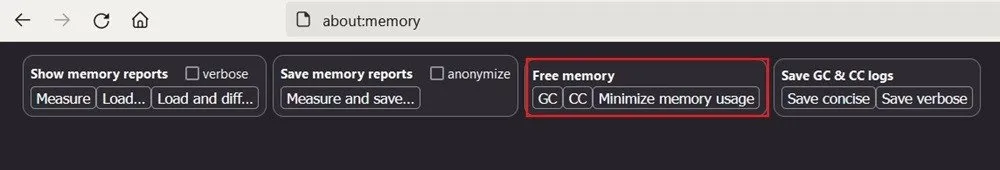 Opções de memória livre na página about:memory do Firefox.