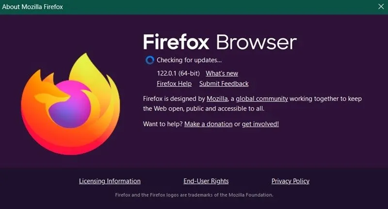 Firefox ブラウザがアップデートをチェックしています。