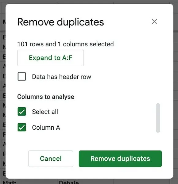 Usuń duplikaty Opcje Arkuszy Google