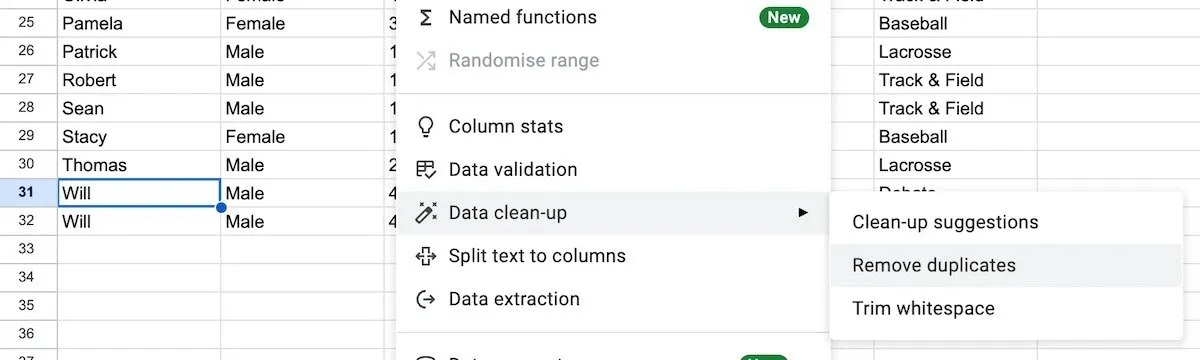 Verwijder duplicaten van Google Spreadsheets met behulp van de gegevensoptie.