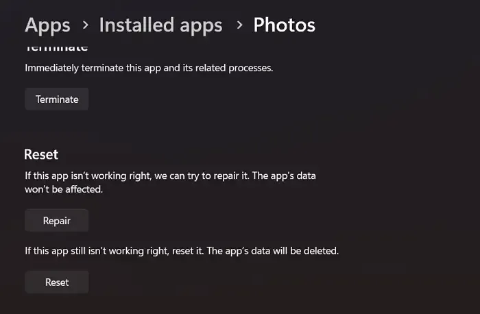 riparare l'app Foto