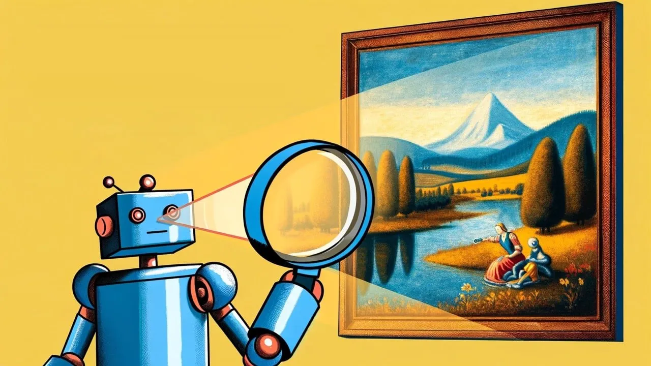 機器人透過放大鏡看一幅畫
