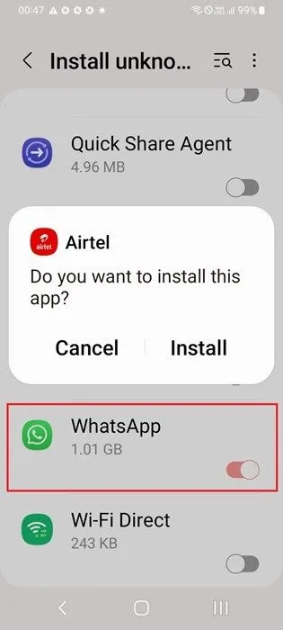 Activation de l'installation d'applications inconnues pour WhatsApp sur le téléphone.