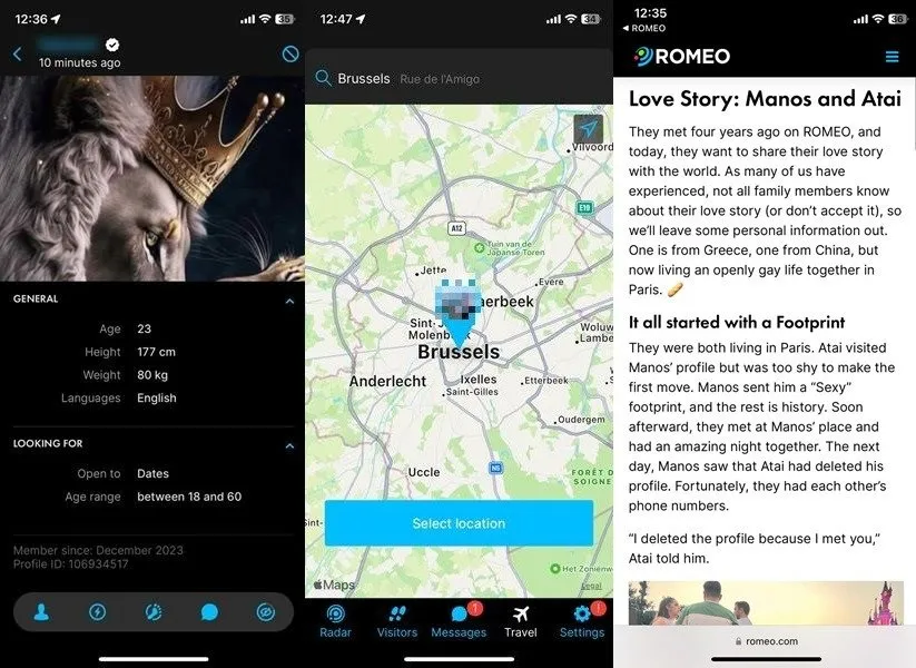 Visão geral da interface do aplicativo Romeo no iOS.