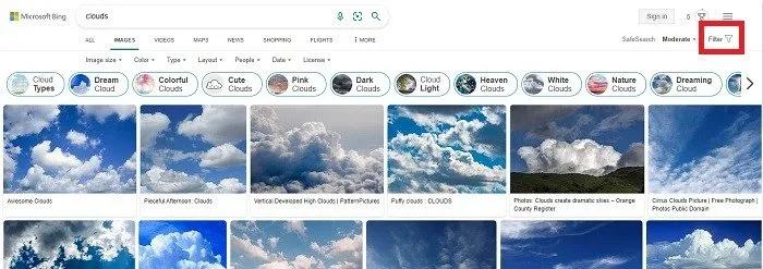 Bing 画像を使用して雲を検索します。