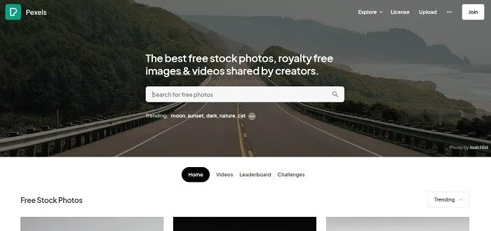 画像を検索するための Pexels ホームページ。