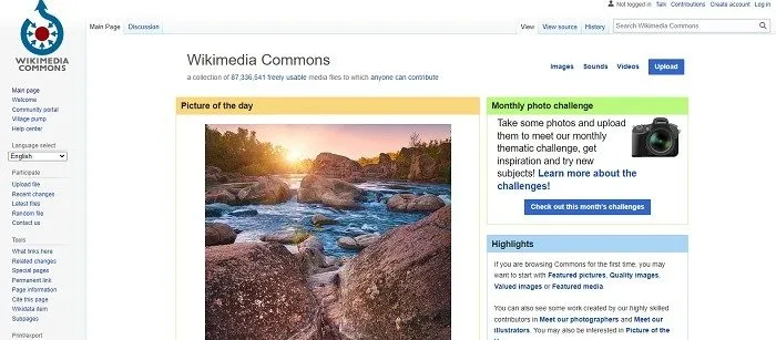 Wikimedia Commons-Hauptseite mit dem Bild des Tages und der Foto-Challenge.
