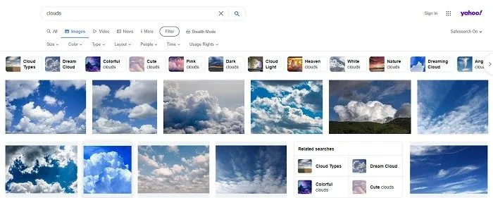Alla ricerca di nuvole sul motore di ricerca di immagini di Yahoo