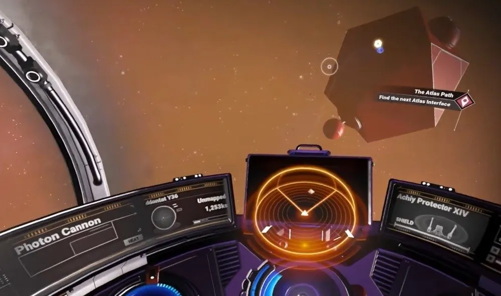 Um cockpit em No Man's Sky enquanto você explora o espaço