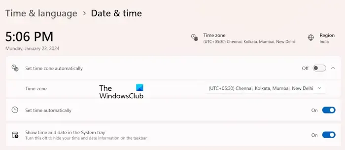 Configurações de hora e data Windows 11