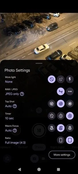 Impostazioni del timer visibili nell'app Fotocamera di Pixel.