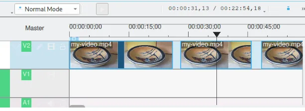 Une capture d'écran de la chronologie de Kdenlive montrant une coupe bidirectionnelle.