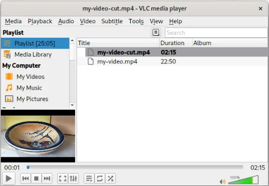 Une capture d'écran du lecteur multimédia VLC montrant la différence entre la vidéo originale et la vidéo coupée.