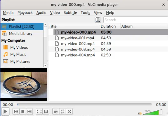 Una captura de pantalla del reproductor multimedia VLC que muestra los cortes uniformes en un solo archivo de video.