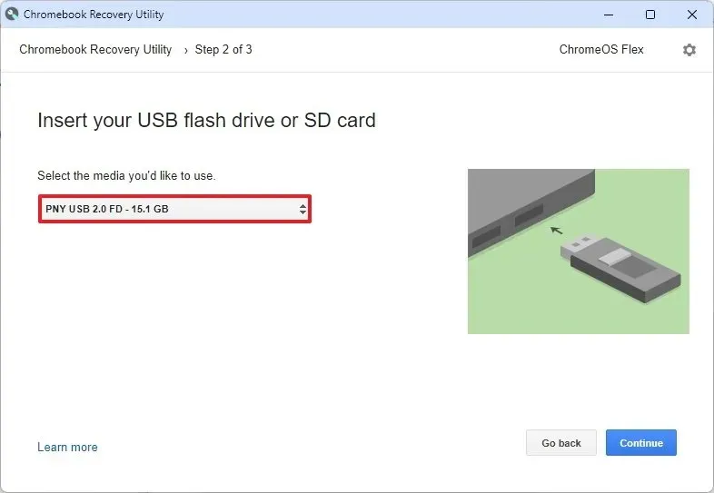 Selecione USB para criar mídia inicializável do Chrome OS Flex