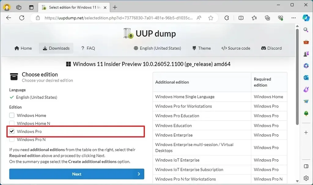 UUP Dump éditions Windows 11 24H2