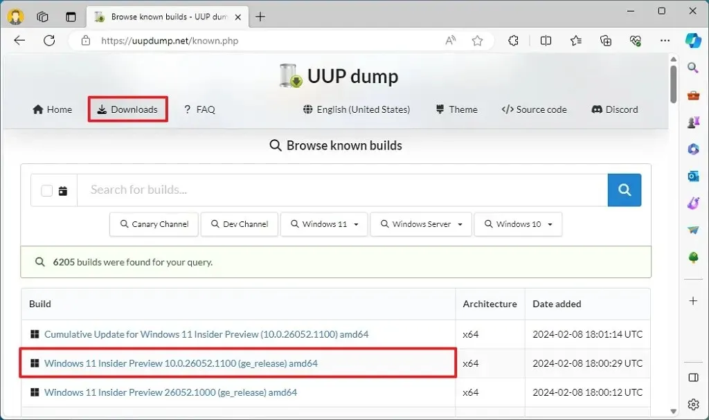 Téléchargement de UUP Dump Windows 11 24H2 Insider Preview