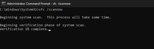 Una scansione del controllo file di sistema (sfc) viene eseguita su un sistema Windows