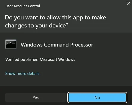 Het venster voor gebruikersaccountbeheer dat verschijnt nadat u een applicatie als beheerder hebt uitgevoerd