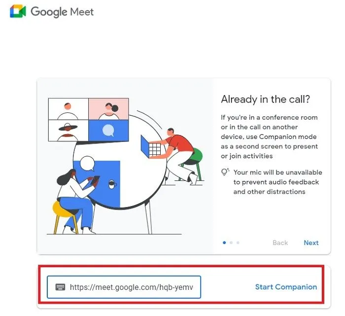 Partecipare alla modalità Complementare di Google Meet dopo aver già effettuato l'accesso nella schermata principale.