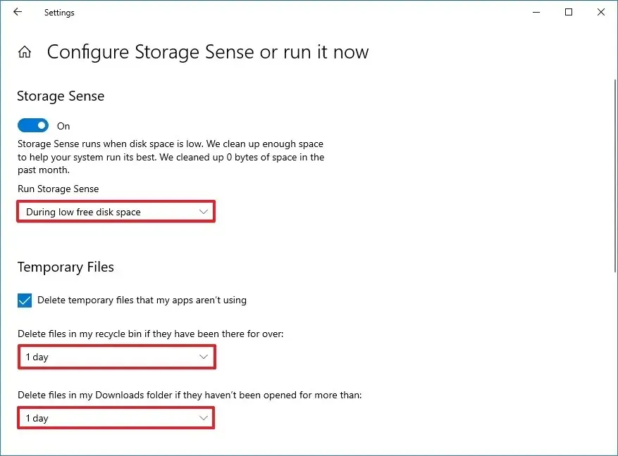 Il senso di archiviazione libera spazio su Windows 10