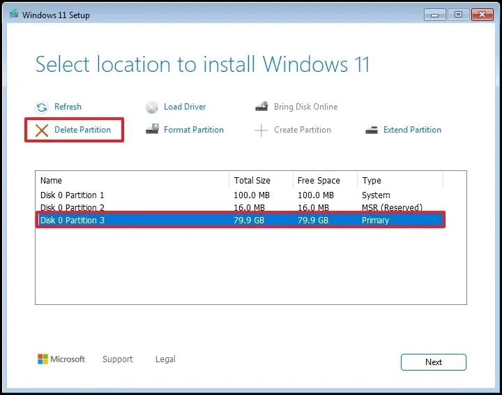 Configuração de partição do Windows 11 24H2