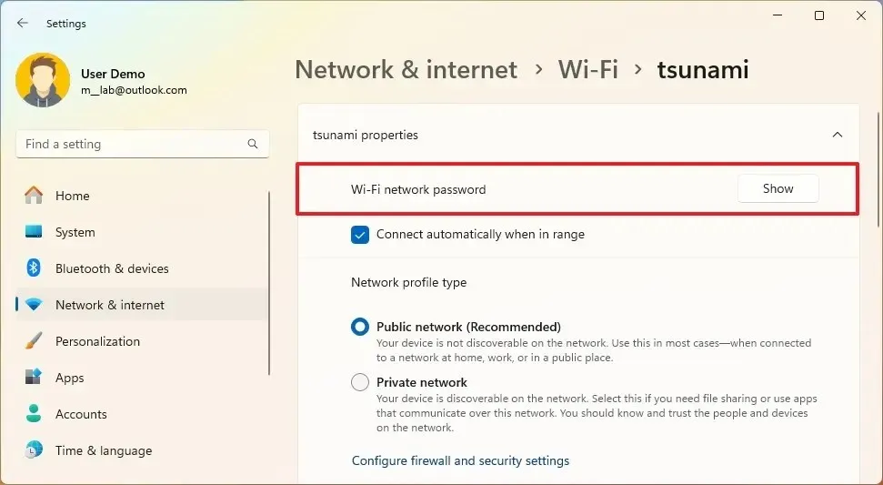 Wi-Fiパスワードオプションを表示