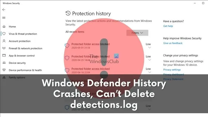 La cronologia di Windows Defender si arresta in modo anomalo