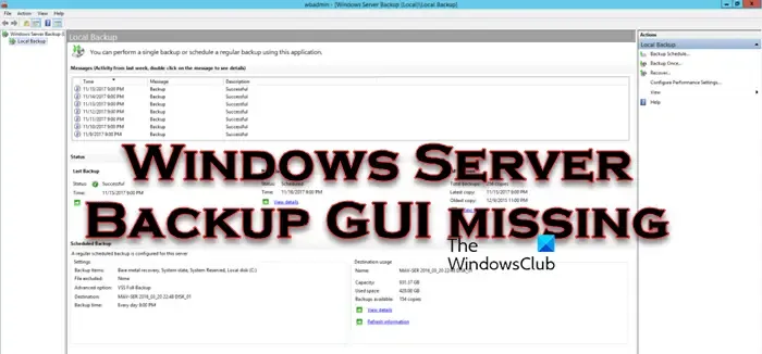 GUI de backup do Windows Server ausente