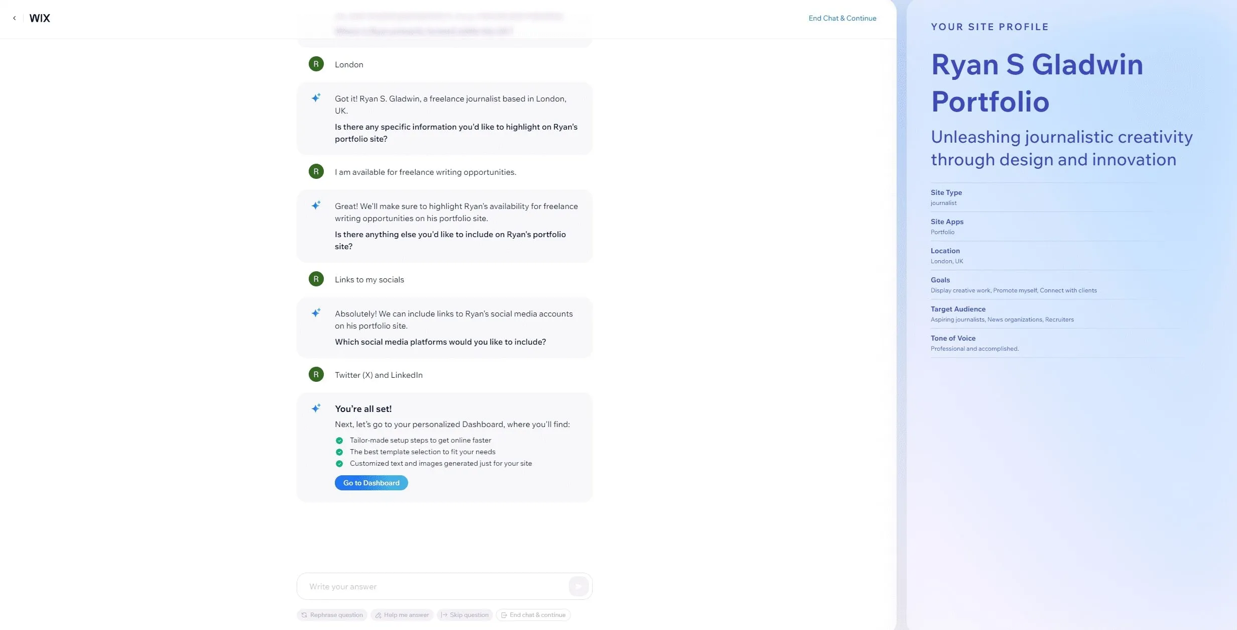 Conversación con el chatbot de Wix. Se preguntó qué información específica Ryan busca resaltar en este sitio, qué quiere incluir y a qué sitios de redes sociales desea vincularse. Entonces el sitio es