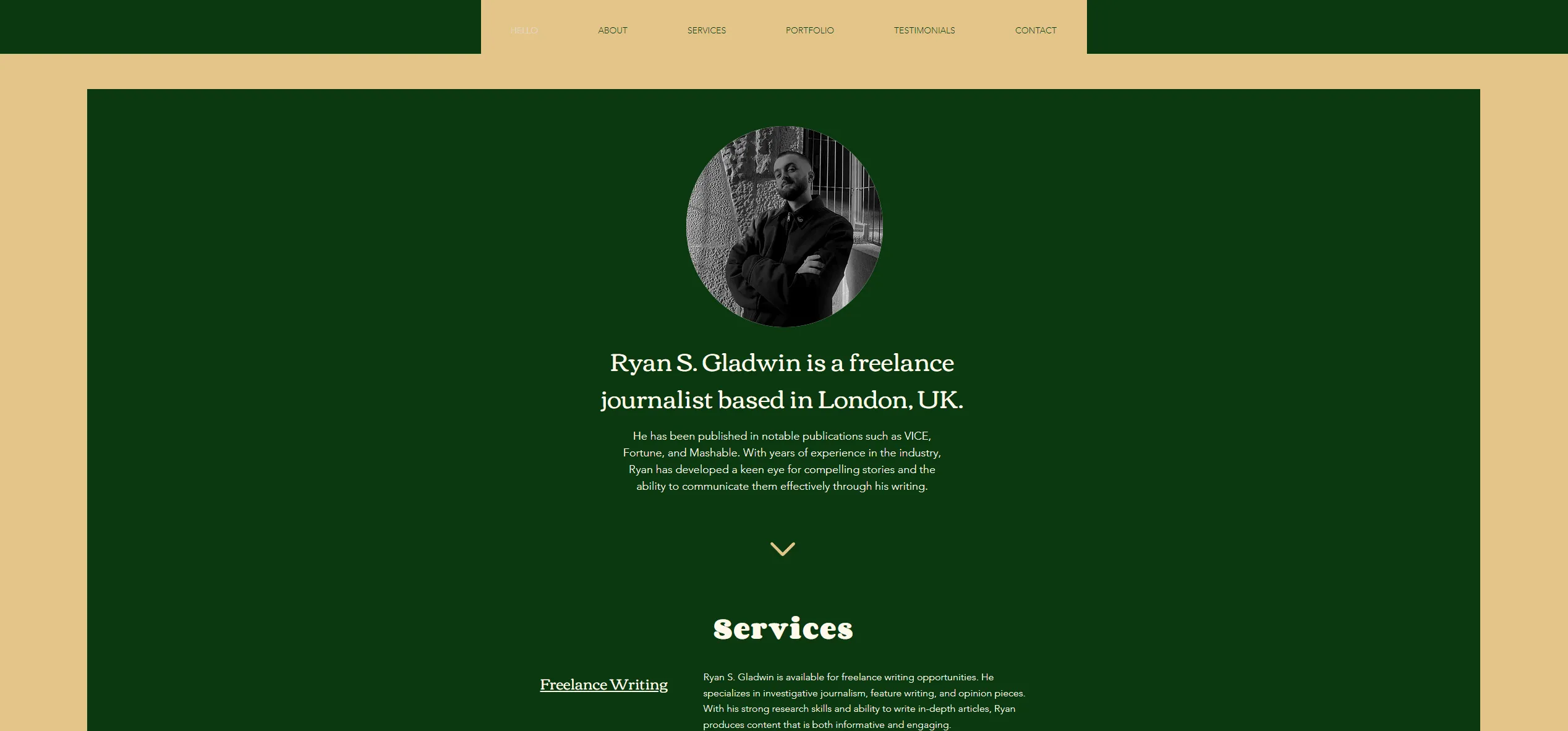 作品集網站，中間有 Ryan S. Gladwin 的照片。下面的文字描述了 Ryan S. Gladwin 是誰以及他為誰寫作。