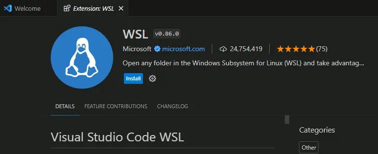 La pagina di destinazione per l'estensione WSL ufficiale Microsoft VSCode.
