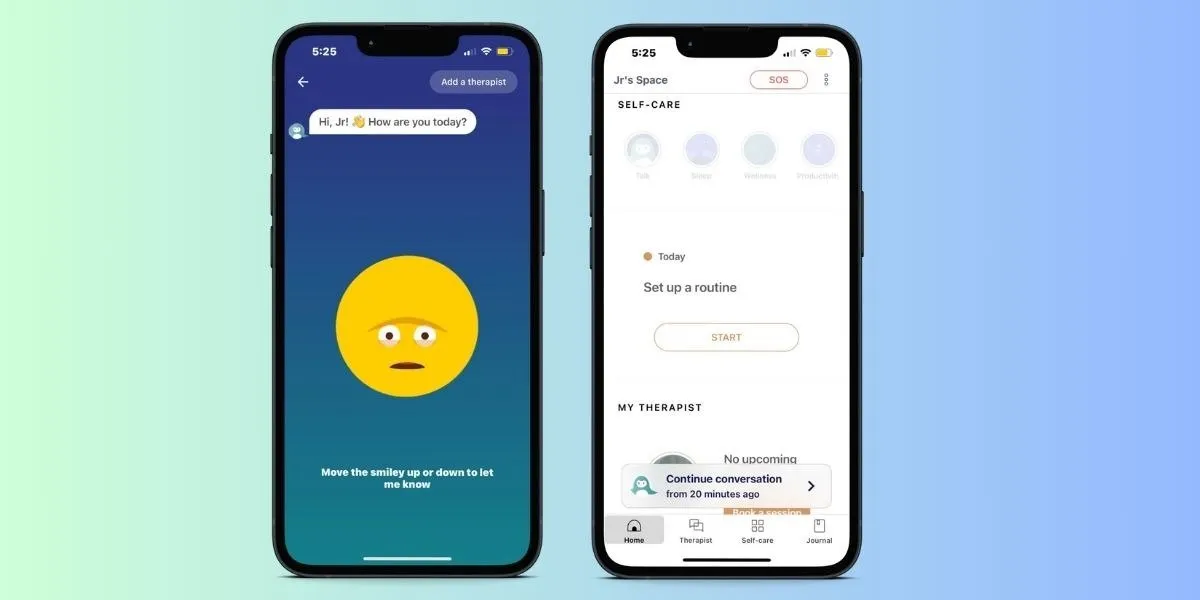 Wysa Mental Health 앱의 토크 및 홈 화면